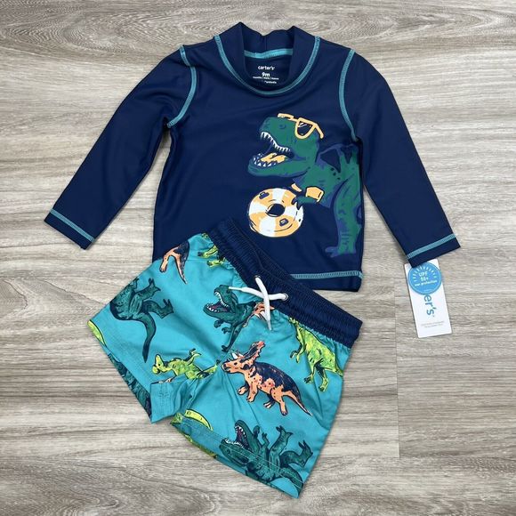 Carters Baby Boy 2 Piece Dino Rash Guard Plus Swim Trunks‎ Set Brand New - Picture 1 of 14